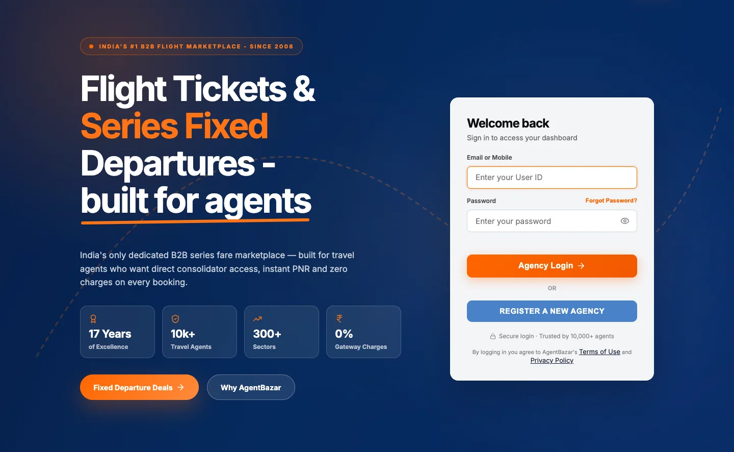 AgentBazar home page with the agent sign-in card and a headline about series fixed departures