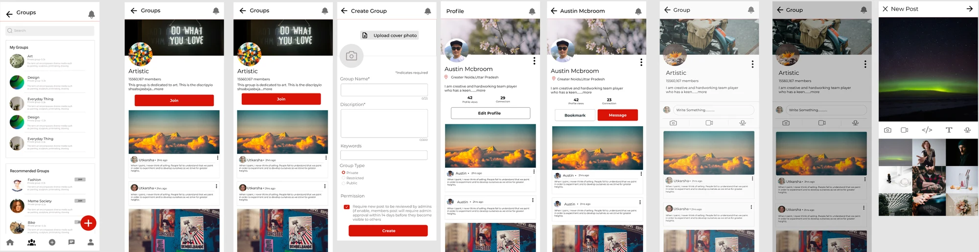Creed Commune community screens: groups, profiles, feed and new post