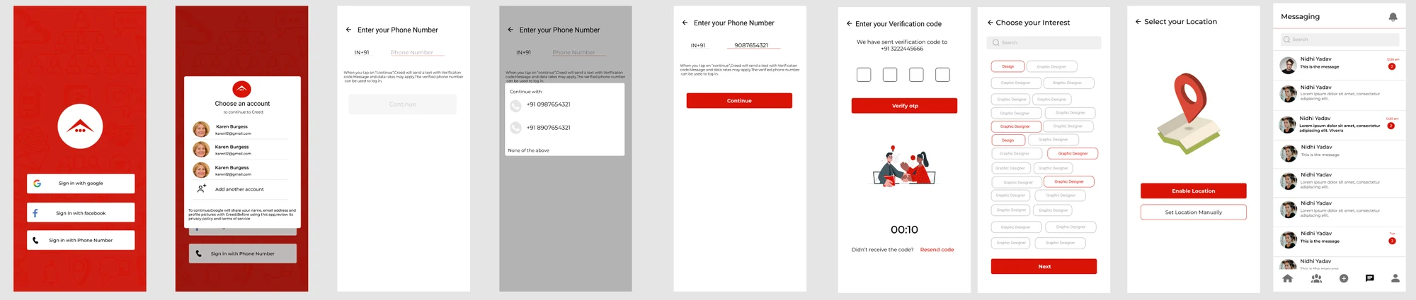 Creed Commune onboarding screens: sign-in, phone number, verification code, interests, location and messages