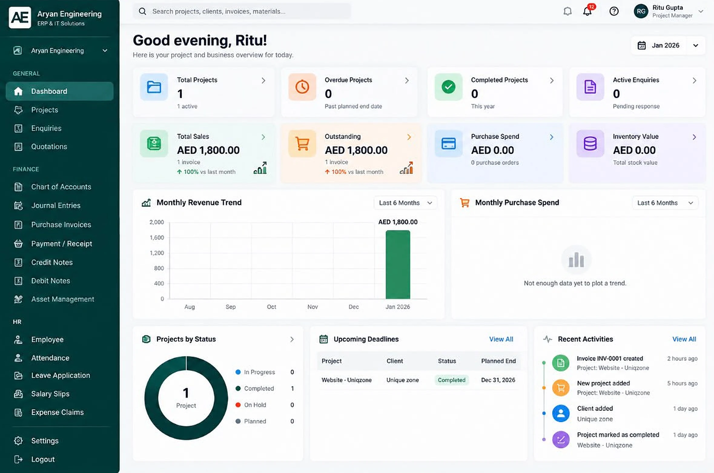 ProjPlanner dashboard with project, sales, purchase and inventory summaries, a monthly revenue chart, deadlines and recent activity, beside a navigation for projects, finance and HR