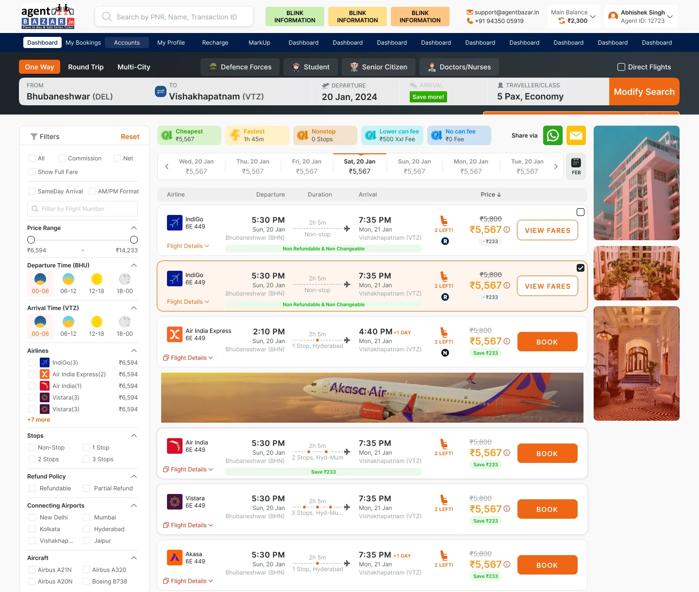 AgentBazar portal flight search results with filters, a fare calendar and airline fares